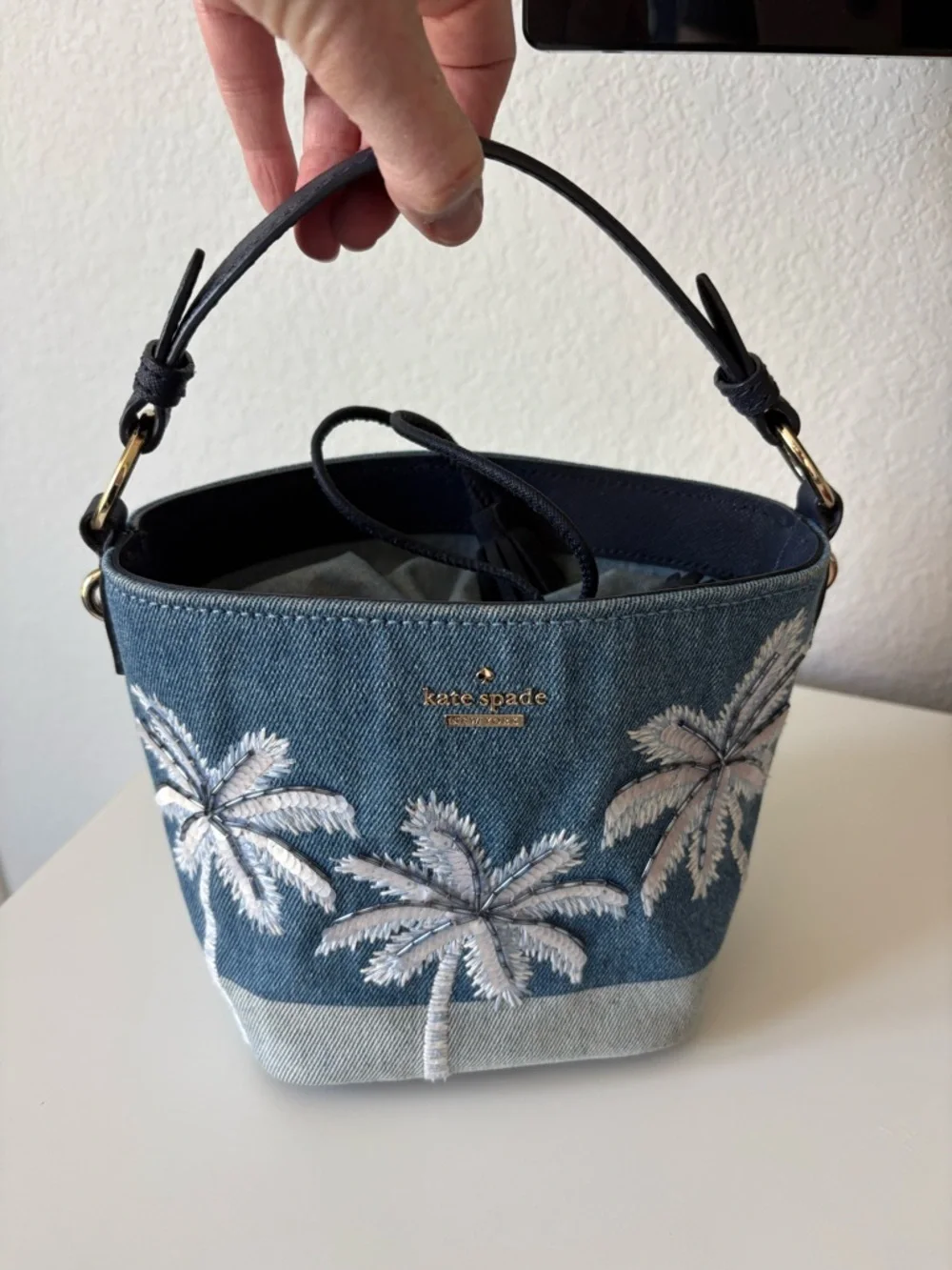 kate spade California dream in puppy Denim Palm Embroidered Crossbody Bucket Bag - Picture 4 of 11
